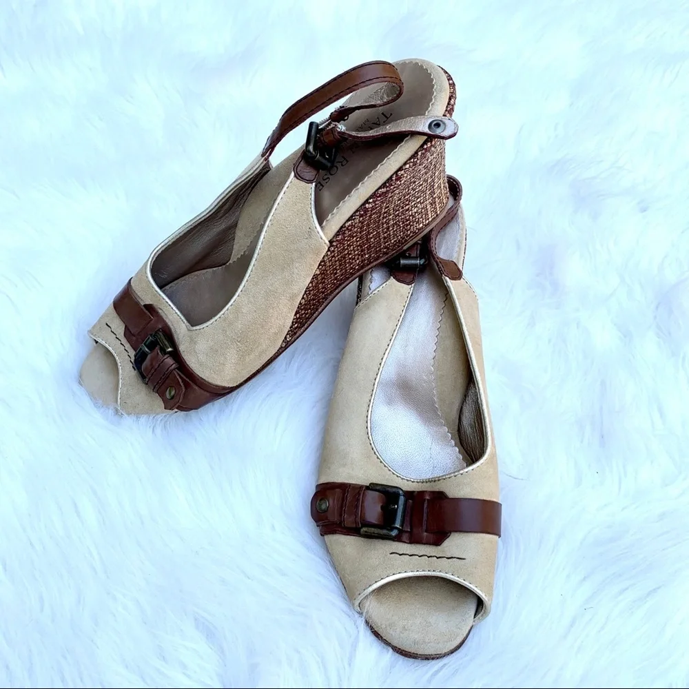 Taryn Rose Wedge Beige Gold Buckle Sandals